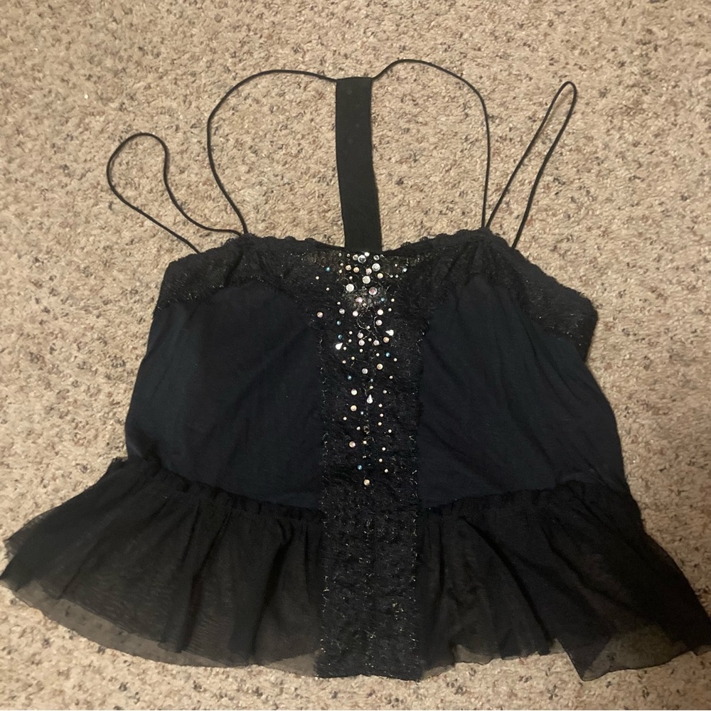 Free People black sheer lace rhinestone “vintage” Y2K metallic boho mermaid top